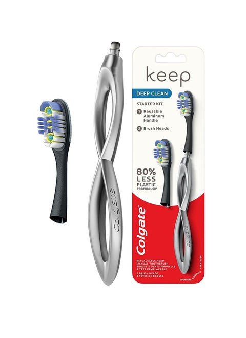 Keep Soft Manual Toothbrush for Adults with 2 Deep Clean Floss-Tip Brush Heads, Silver