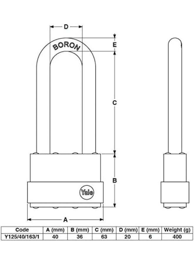 Yale Y125/40/163/1 Y Series Laminated Long Shackle Padlock 40.5MM Zinc Plated Finish  - Image 2
