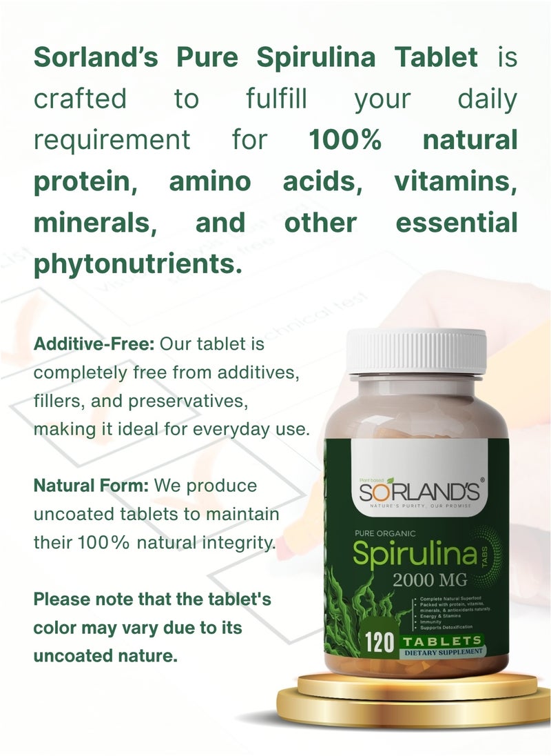 Sorland's Sorland's Organic Spirulina Powder 120 Tablets (Complete Natural Superfood) free from addtives & fillers  - Image 2