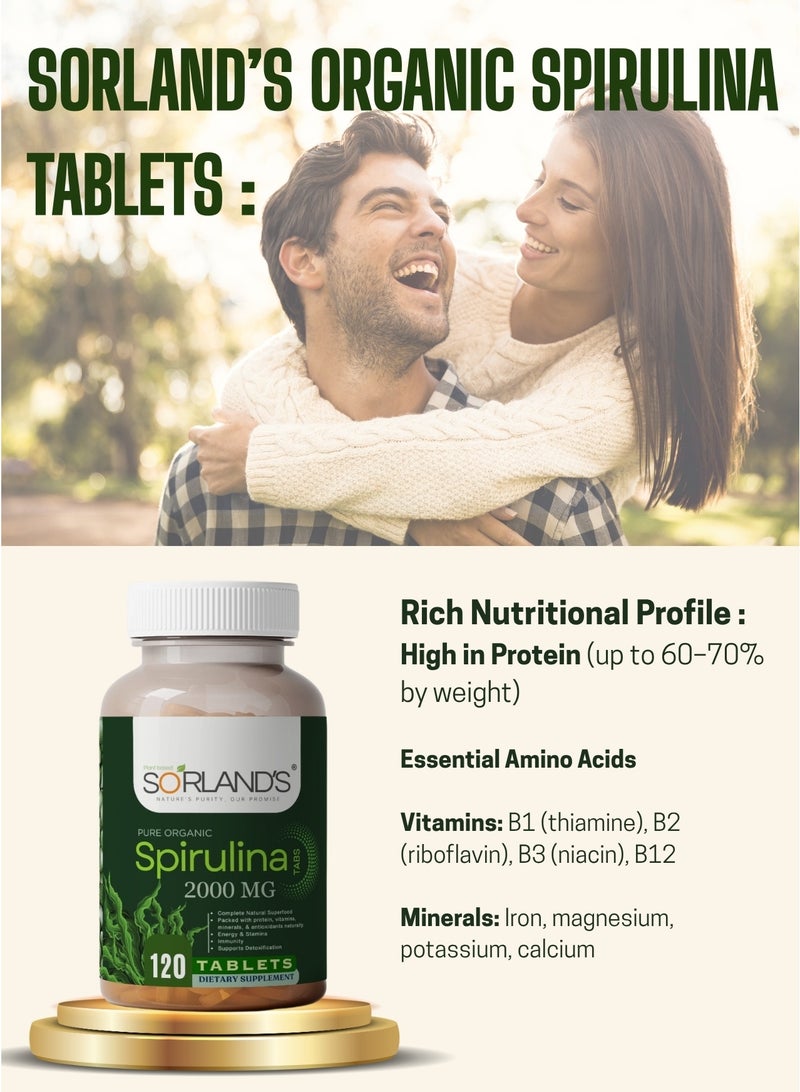 Sorland's Organic Spirulina Powder 120 Tablets (Complete Natural Superfood) free from addtives & fillers