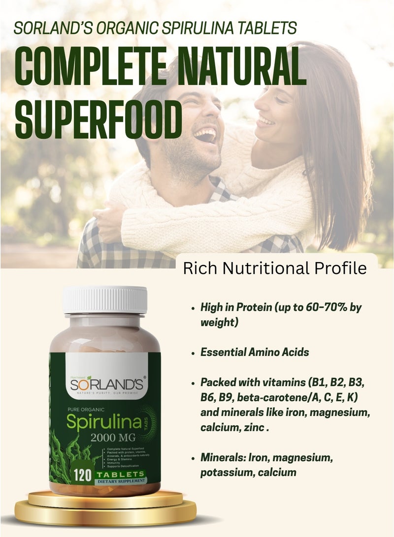 Sorland's Organic Spirulina Powder 120 Tablets (Complete Natural Superfood) free from addtives & fillers