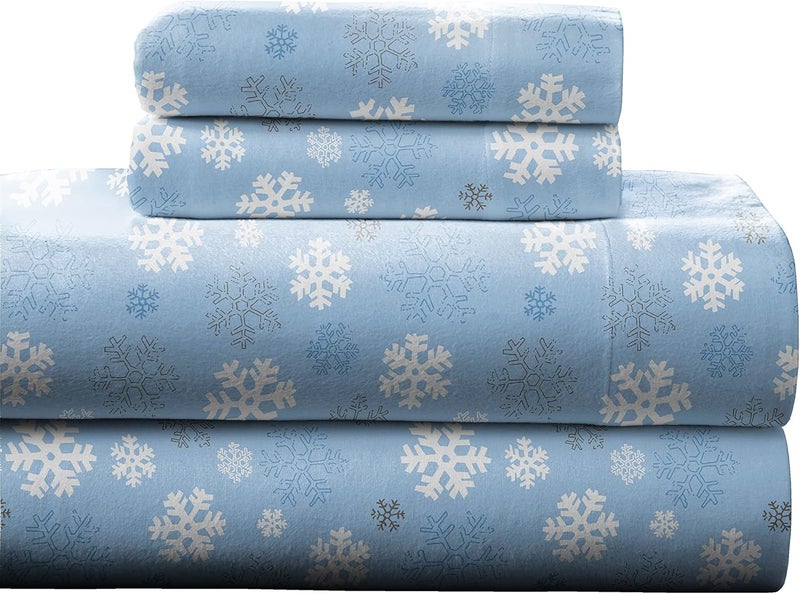 Pointehaven Heavy Weight Flannel Sheet Set, Queen Size, Snow Flakes Design - 100% Cotton, Pre-Shrunk, 170 GSM - Image 1