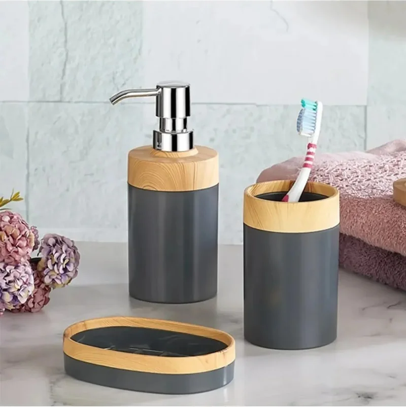 Safestore Limpia Bamboo Patterned 5-Piece Bathroom Set Trash Can Liquid Soap Dispenser Toothbrush Holder Bathroom Set