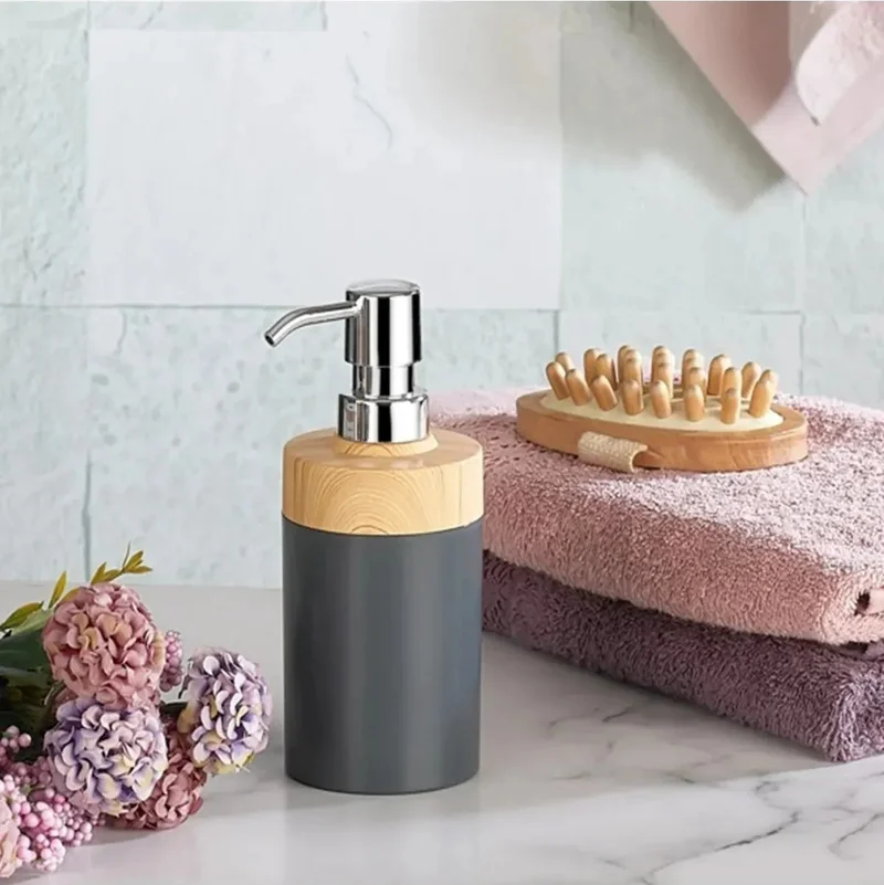 Safestore Limpia Bamboo Patterned 5-Piece Bathroom Set Trash Can Liquid Soap Dispenser Toothbrush Holder Bathroom Set
