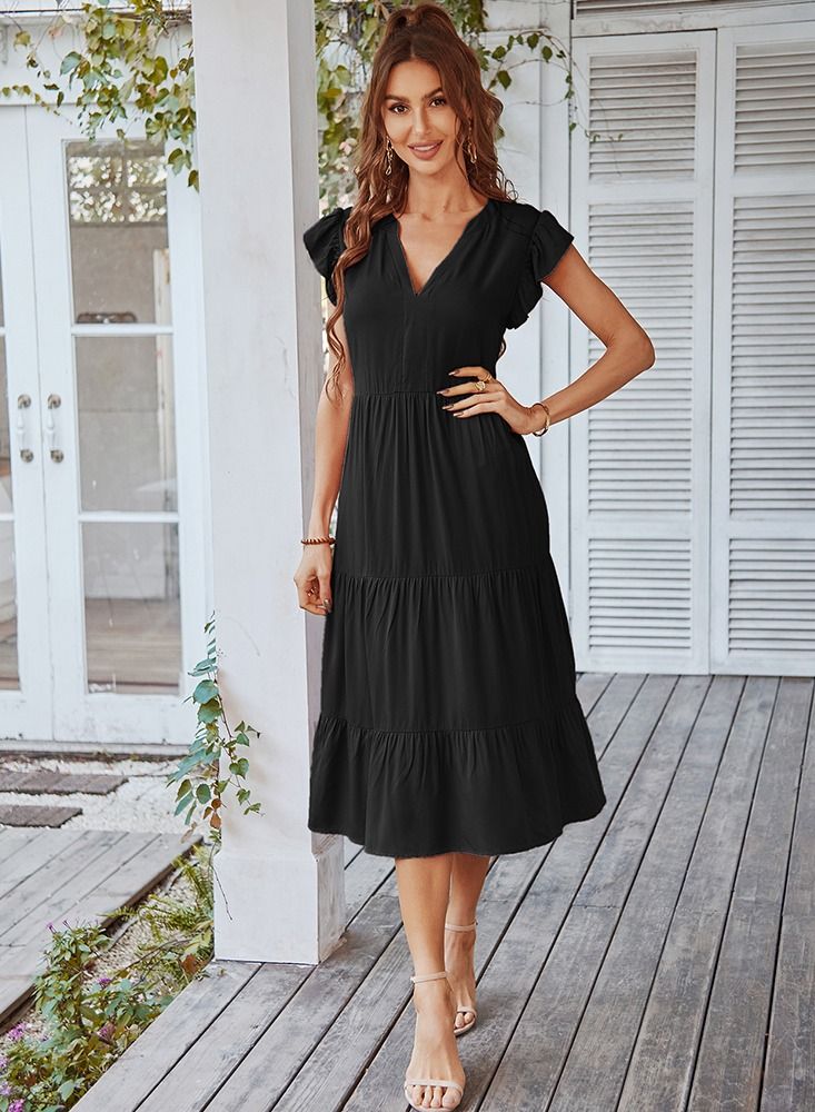 Loquat V-neck Solid Color Dress Black  - Image 1