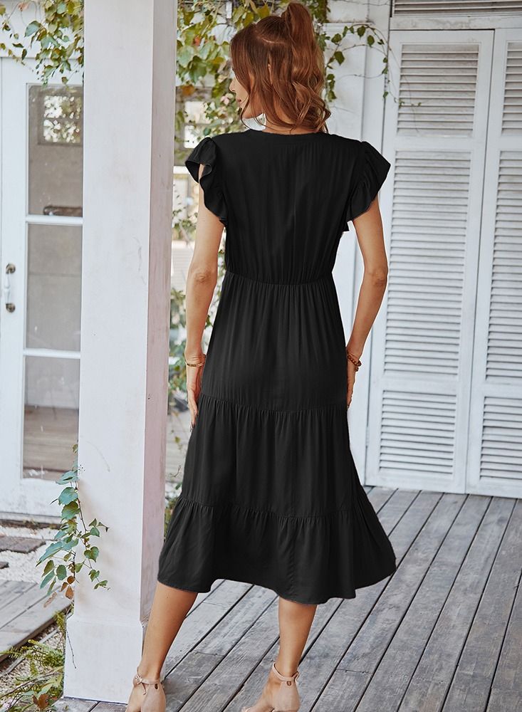Loquat V-neck Solid Color Dress Black  - Image 2