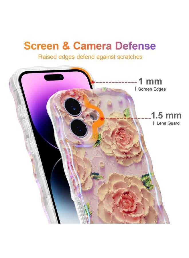 EYZUTAK Case for iPhone 17, Colorful Retro Oil Painting Flower Laser Glossy Pattern Cute Curly Wave Edge Exquisite Phone Cover Stylish Durable TPU Protective Case for Girl Women - Pink Peony - Image 4