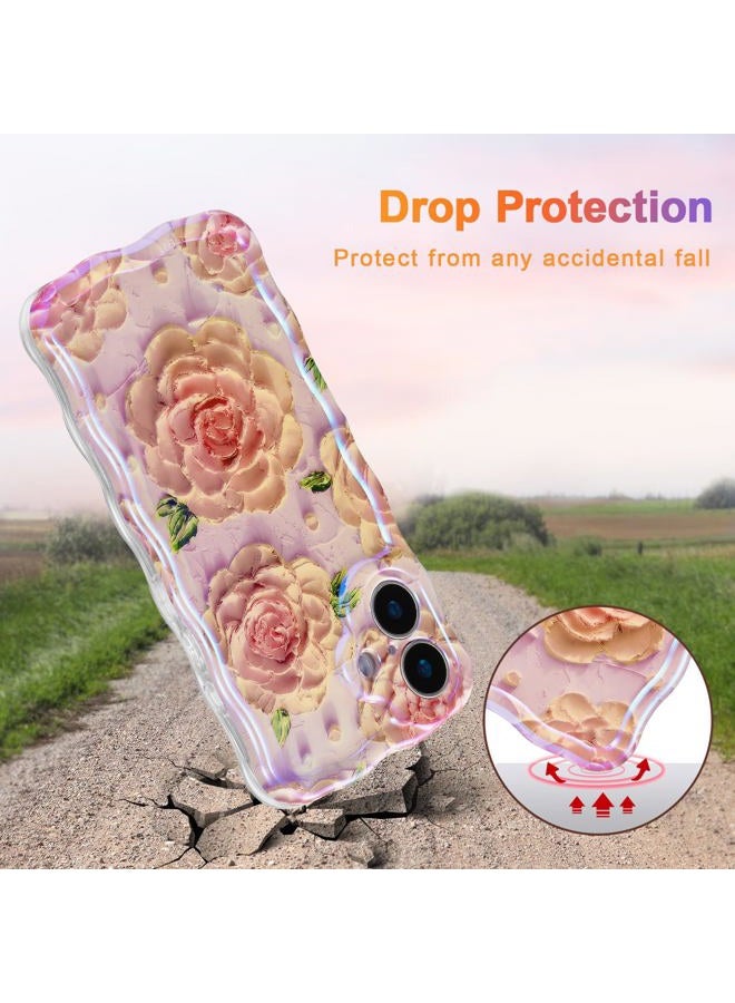 EYZUTAK Case for iPhone 17, Colorful Retro Oil Painting Flower Laser Glossy Pattern Cute Curly Wave Edge Exquisite Phone Cover Stylish Durable TPU Protective Case for Girl Women - Pink Peony - Image 3