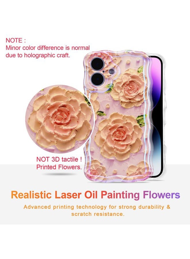 EYZUTAK Case for iPhone 17, Colorful Retro Oil Painting Flower Laser Glossy Pattern Cute Curly Wave Edge Exquisite Phone Cover Stylish Durable TPU Protective Case for Girl Women - Pink Peony - Image 2