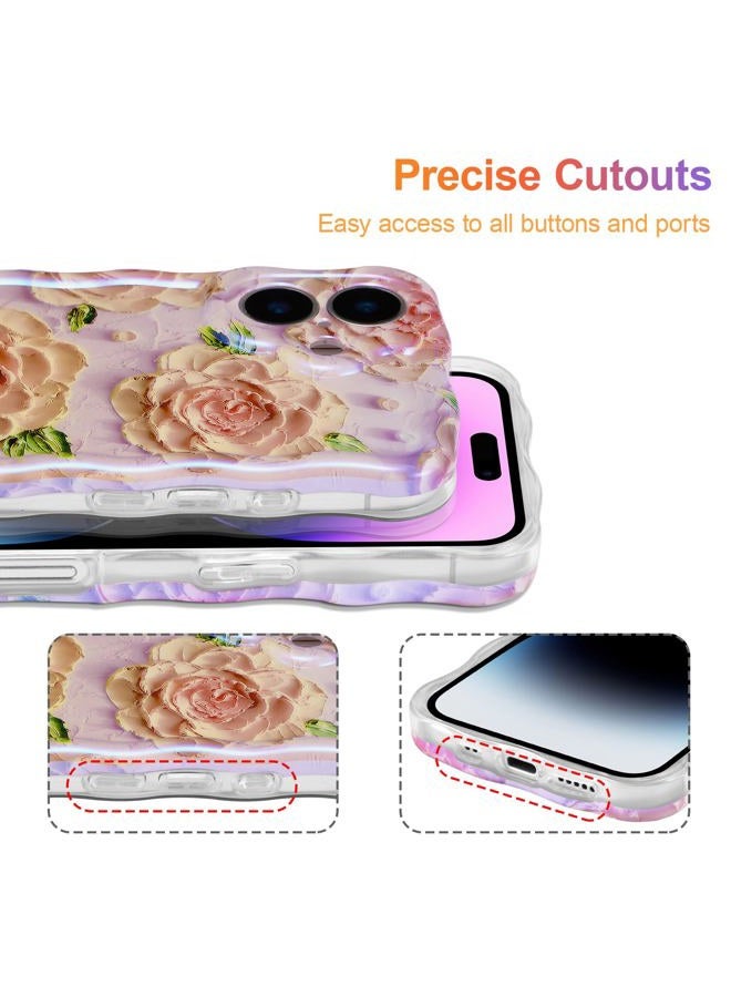 EYZUTAK Case for iPhone 17, Colorful Retro Oil Painting Flower Laser Glossy Pattern Cute Curly Wave Edge Exquisite Phone Cover Stylish Durable TPU Protective Case for Girl Women - Pink Peony - Image 5