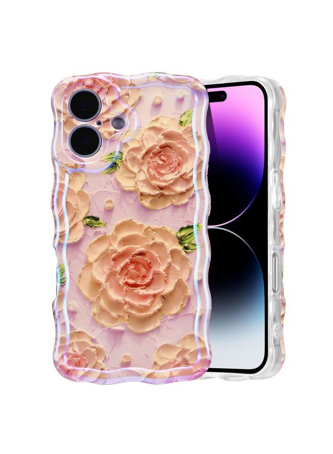 EYZUTAK Case for iPhone 17, Colorful Retro Oil Painting Flower Laser Glossy Pattern Cute Curly Wave Edge Exquisite Phone Cover Stylish Durable TPU Protective Case for Girl Women - Pink Peony - Image 1