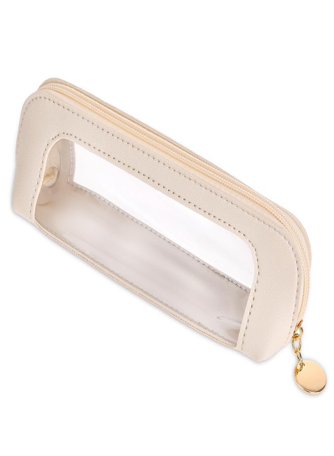 Psyqtsuary Small Clear Makeup Bag, PU Leather Travel Makeup Brush Case Portable Transparent Waterproof Cosmetic Organizer Pouch with Zipper for Women Home Travel Office Makeup Storage (White) - Image 1