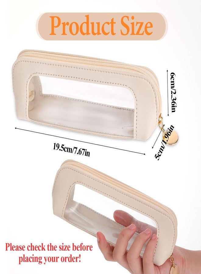 Psyqtsuary Small Clear Makeup Bag, PU Leather Travel Makeup Brush Case Portable Transparent Waterproof Cosmetic Organizer Pouch with Zipper for Women Home Travel Office Makeup Storage (White) - Image 2