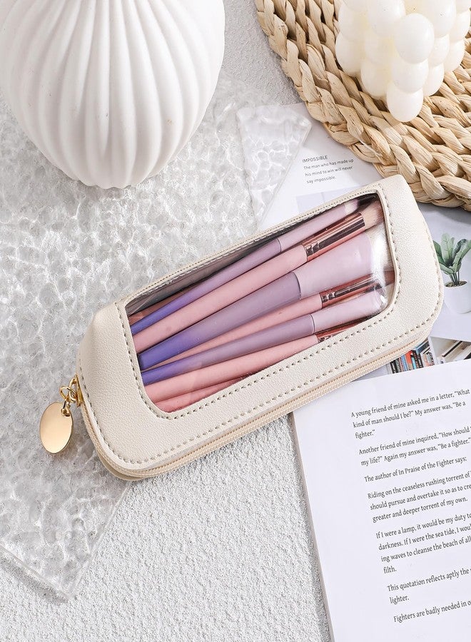 Psyqtsuary Small Clear Makeup Bag, PU Leather Travel Makeup Brush Case Portable Transparent Waterproof Cosmetic Organizer Pouch with Zipper for Women Home Travel Office Makeup Storage (White) - Image 3