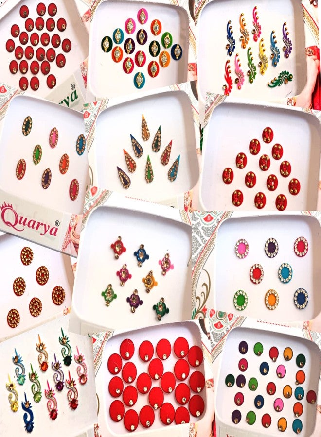 Quarya Bindi Bindiya Kumkum Tikka Colourful Forehead Sticker Golden Silver Stone Studded Simple Plain Round Velvet Maroon Bindis for Women Ladies (Pack 10 Bindi Patta Flaps Plus 5 Velvet Scrunchies) - Image 1