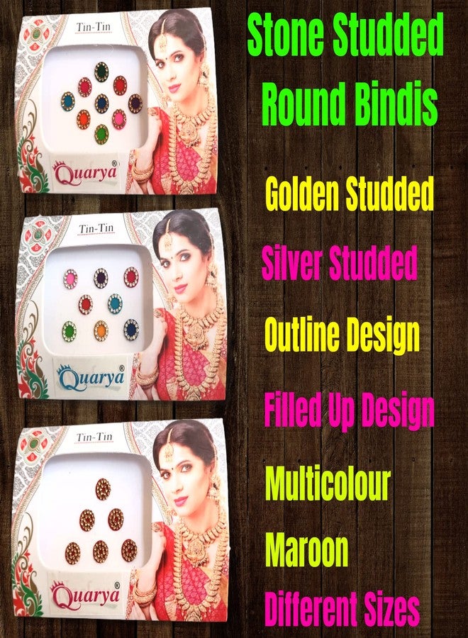 Quarya Bindi Bindiya Kumkum Tikka Colourful Forehead Sticker Golden Silver Stone Studded Simple Plain Round Velvet Maroon Bindis for Women Ladies (Pack 10 Bindi Patta Flaps Plus 5 Velvet Scrunchies) - Image 4