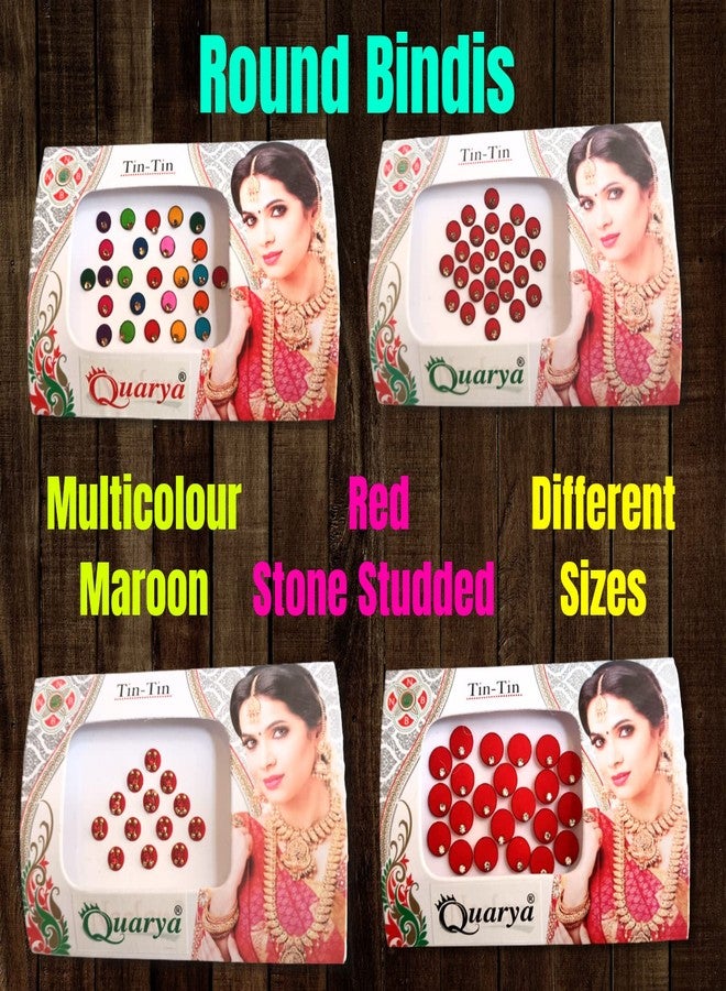 Quarya Bindi Bindiya Kumkum Tikka Colourful Forehead Sticker Golden Silver Stone Studded Simple Plain Round Velvet Maroon Bindis for Women Ladies (Pack 10 Bindi Patta Flaps Plus 5 Velvet Scrunchies) - Image 3