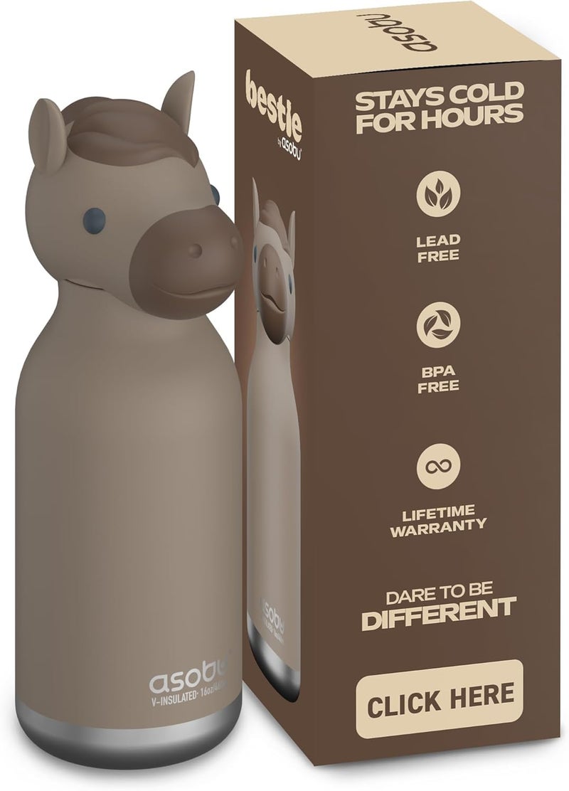 asobu Bestie Bottle Insulated Stainless Steel Water Bottle with Detachable Soft Animal Head Fun Drinking For Kids and Teens with Flexible Reusable Straw 16 Ounce Horse - Image 2