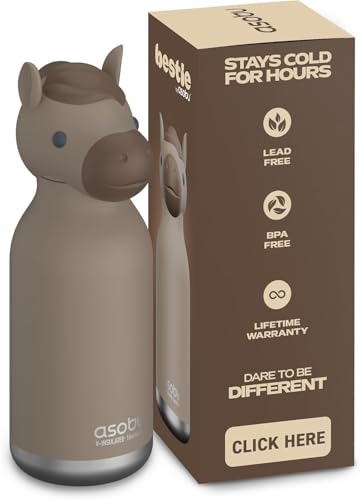 asobu Bestie Bottle Insulated Stainless Steel Water Bottle with Detachable Soft Animal Head Fun Drinking For Kids and Teens with Flexible Reusable Straw 16 Ounce Horse - Image 1