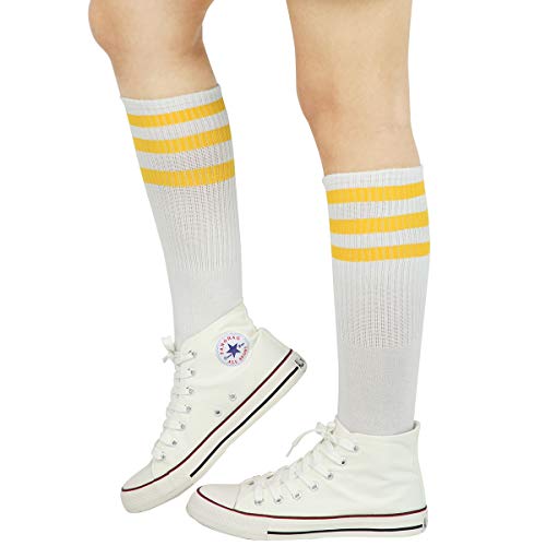 Leotruny Knee High Tube Socks: Over the Calf Retro Socks - Striped Tube Sock for Men Women White Yellow - Image 3