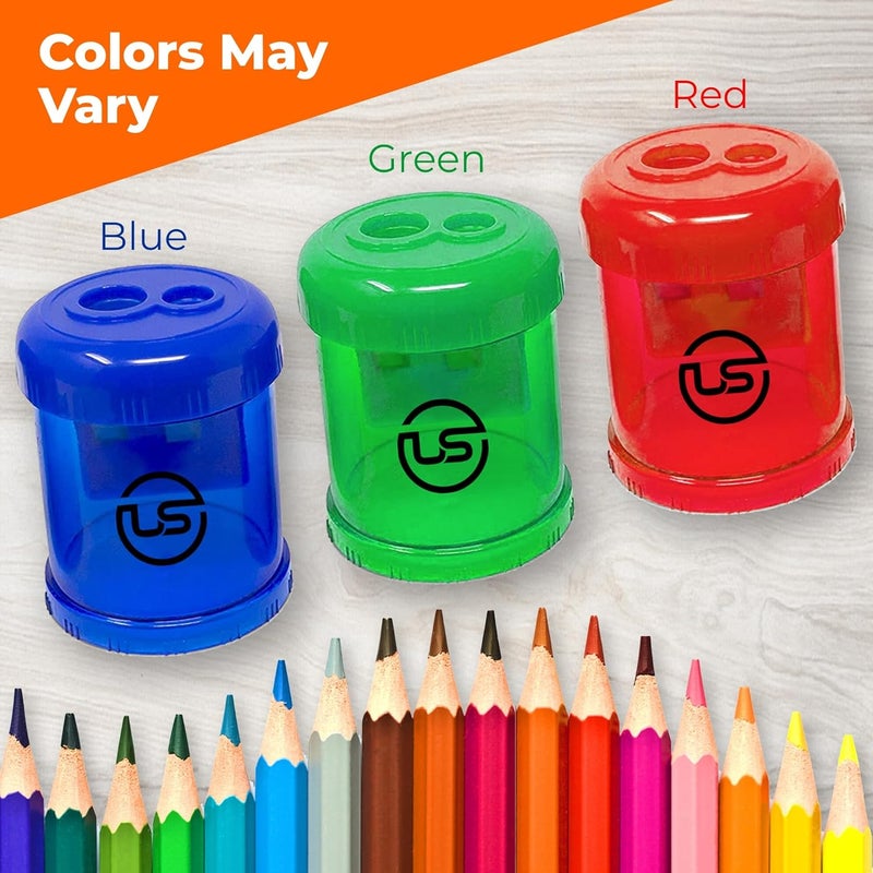 Ultimate Stationery أدوات شحذ الأقلام النهائية، عبوة تحتوي على 3 أدوات شحذ زرقاء ذات فتحتين مزدوجتين مع حاوية لاستيعاب الأقلام المشحوذة، مناسبة للأقلام والأقلام الرصاصية العادية والكبيرة الحجم. - Image 2