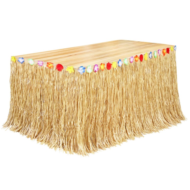 Fovths Luau Grass Table Skirt Natural 9 Feet x 29.5 Inch Hawaiian Table Skirt for Tropical Hawaiian Party Decorations Luau Party Costume Party, Straw Yellow - Image 1