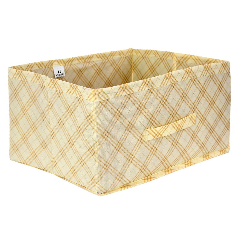 Kuber Industries Kuber Industries Drawer Storage Box Check Drawer Storage Box Non Woven Clothes Organizer For Toys Storage Box for Books Storage Box with Handle Cream  - Image 1