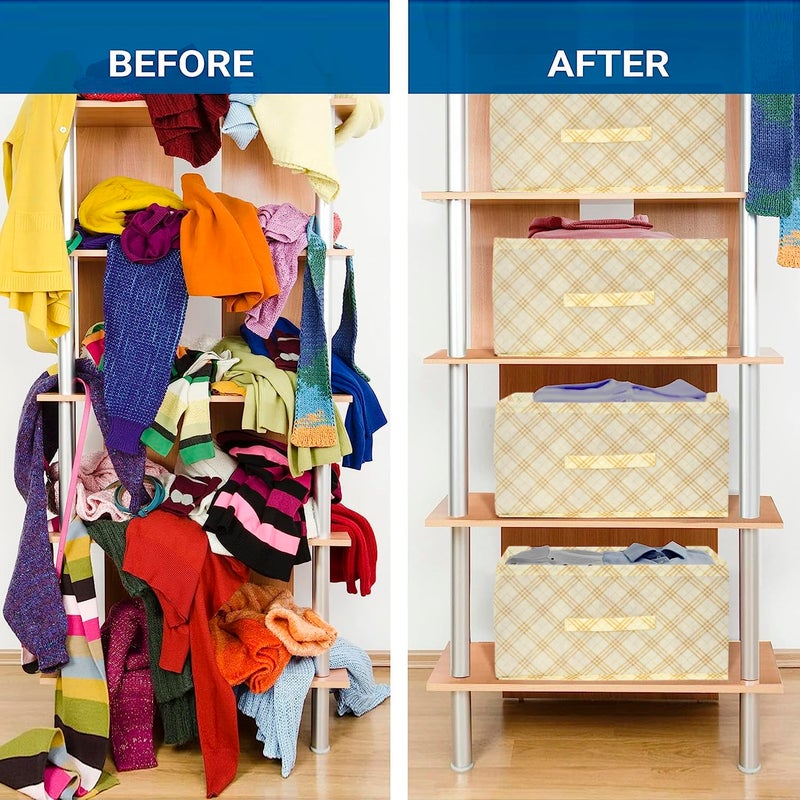 Kuber Industries Kuber Industries Drawer Storage Box Check Drawer Storage Box Non Woven Clothes Organizer For Toys Storage Box for Books Storage Box with Handle Cream  - Image 4