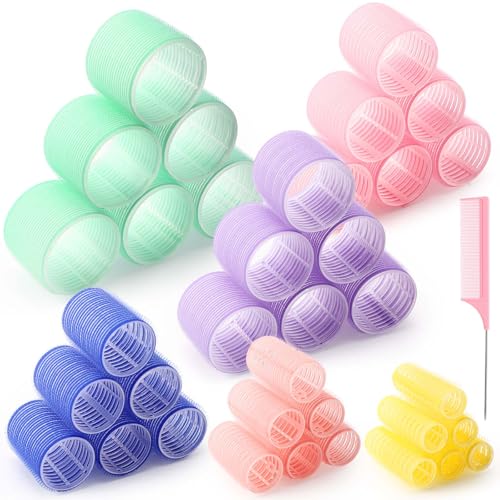 Syhood 36 Pieces Self Adhesive Hair Rollers Curlers Set Small Medium Short Hair Roller Bulk Women Rat Tail Comb Heatless Tool Salon Hairdressing Grip Curler Dry WetMultisizePastel - Image 1