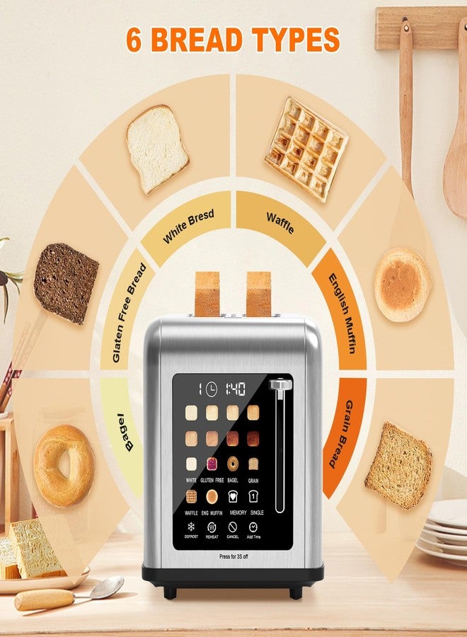 Clixane 2 Slice Toaster Touch Screen, Stainless Steel Toasters Digital Timer 2 Slot Toasters, 8 Shade Settings 6 Bread Types for Bagel, Cancel, Defrost（Stainless Steel） - Image 4