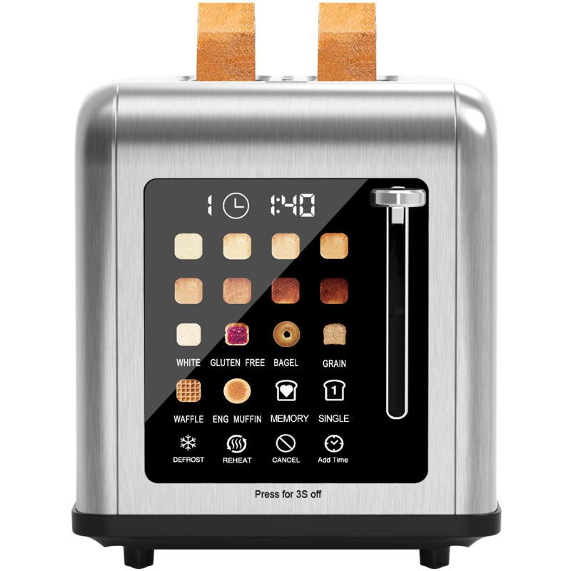 Clixane 2 Slice Toaster Touch Screen, Stainless Steel Toasters Digital Timer 2 Slot Toasters, 8 Shade Settings 6 Bread Types for Bagel, Cancel, Defrost（Stainless Steel） - Image 1