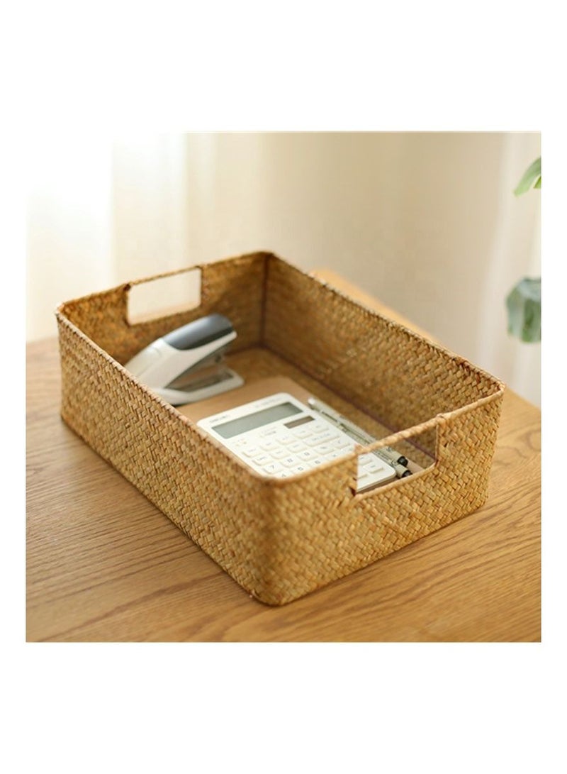 Meetion سلة منسوجة كبيرة جدًا من الأعشاب البحرية لتخزين أدوات النظافة، سلة تخزين منسوجة برفوف مستطيلة مزخرفة لتخزين أدوات المكياج والملابس والأدوات المنزلية والألعاب وتنظيم المنزل - Image 1