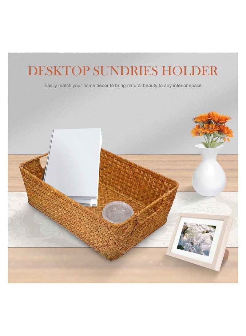 Meetion سلة منسوجة كبيرة جدًا من الأعشاب البحرية لتخزين أدوات النظافة، سلة تخزين منسوجة برفوف مستطيلة مزخرفة لتخزين أدوات المكياج والملابس والأدوات المنزلية والألعاب وتنظيم المنزل - Image 3