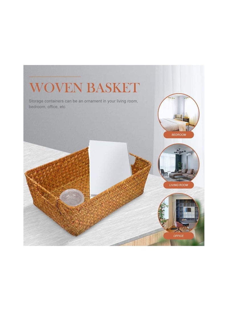 Meetion سلة منسوجة كبيرة جدًا من الأعشاب البحرية لتخزين أدوات النظافة، سلة تخزين منسوجة برفوف مستطيلة مزخرفة لتخزين أدوات المكياج والملابس والأدوات المنزلية والألعاب وتنظيم المنزل - Image 4