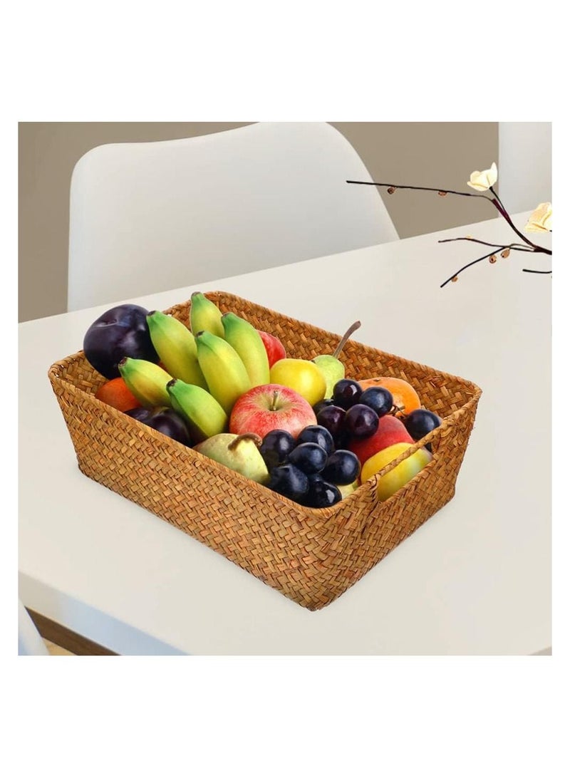 Meetion سلة منسوجة كبيرة جدًا من الأعشاب البحرية لتخزين أدوات النظافة، سلة تخزين منسوجة برفوف مستطيلة مزخرفة لتخزين أدوات المكياج والملابس والأدوات المنزلية والألعاب وتنظيم المنزل - Image 2