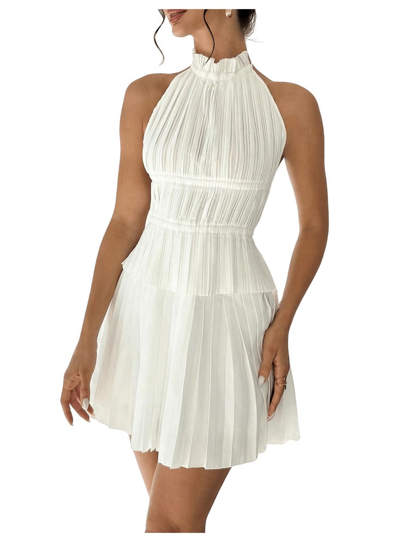 MakeMeChic Women's 2 Piece Outfits Tie Backless Halter Tops and Pleated Mini Skirt Sets White Medium - Image 1