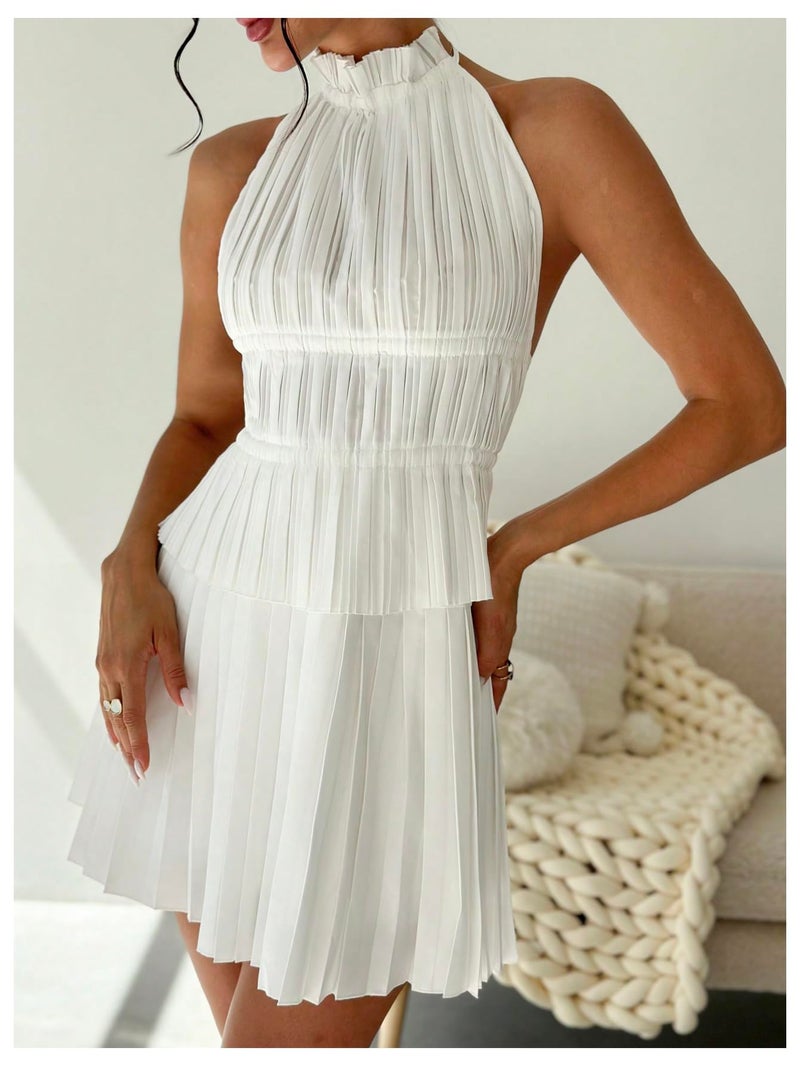 MakeMeChic Women's 2 Piece Outfits Tie Backless Halter Tops and Pleated Mini Skirt Sets White Medium - Image 3
