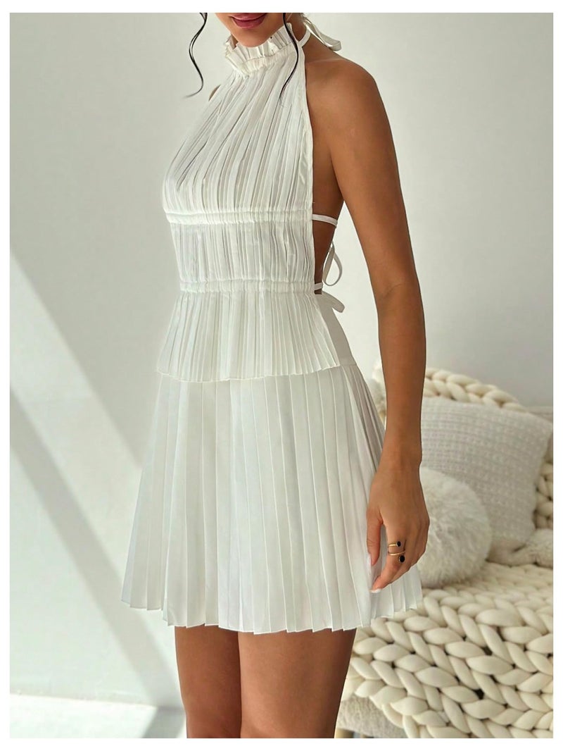 MakeMeChic Women's 2 Piece Outfits Tie Backless Halter Tops and Pleated Mini Skirt Sets White Medium - Image 5