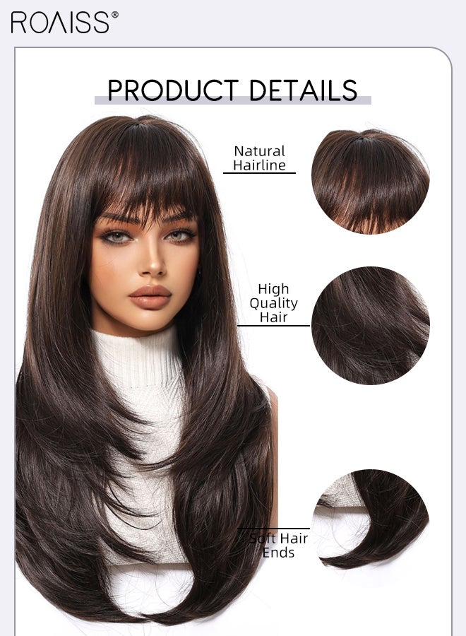 roaiss Long Straight Black Brown Layered Hair Wig with Bangs for Women Natural Soft Fluffy Synthetic Heat Resistant Wig for Wedding Cosplay Party Daily Use, 60cm (24in) - Image 4