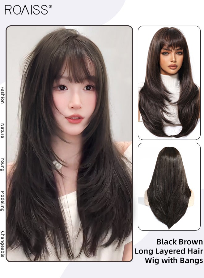 roaiss Long Straight Black Brown Layered Hair Wig with Bangs for Women Natural Soft Fluffy Synthetic Heat Resistant Wig for Wedding Cosplay Party Daily Use, 60cm (24in) - Image 1