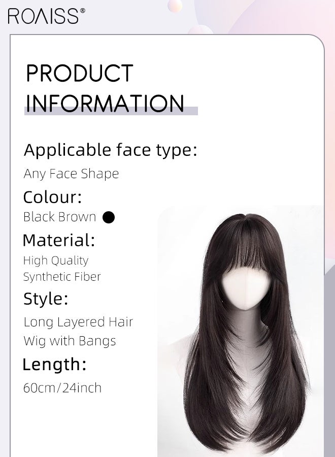 roaiss Long Straight Black Brown Layered Hair Wig with Bangs for Women Natural Soft Fluffy Synthetic Heat Resistant Wig for Wedding Cosplay Party Daily Use, 60cm (24in) - Image 2