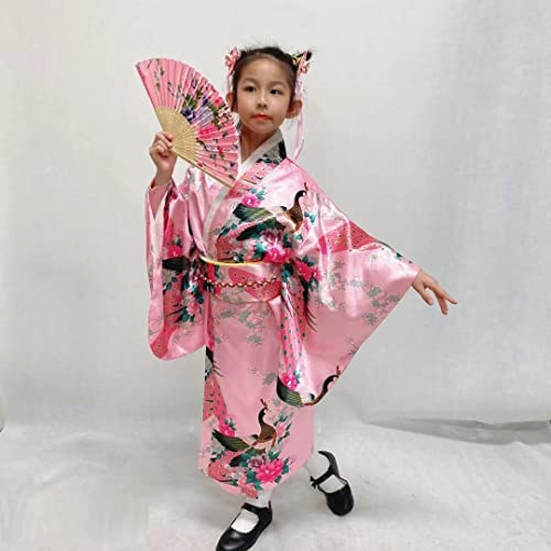 Elibelle Japanese Traditional Dress Kimono Robe for Kids Girls Costume Silk Folding Fans hairstick Set(Pink120cm) - Image 5