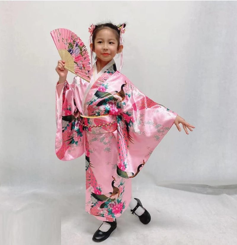 Elibelle Japanese Traditional Dress Kimono Robe for Kids Girls Costume Silk Folding Fans hairstick Set(Pink120cm) - Image 3