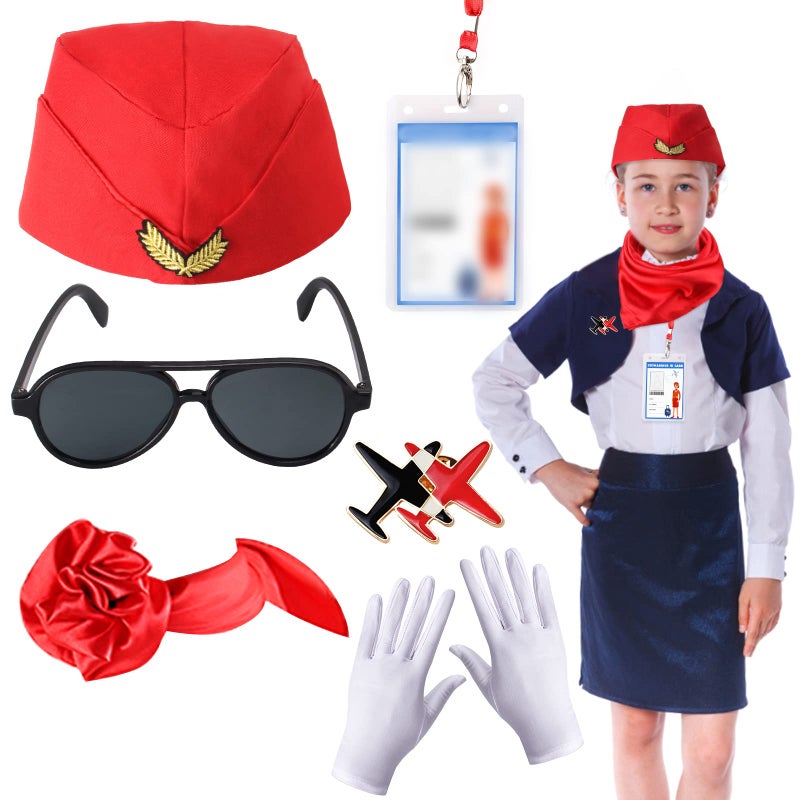 Keymall Kids Flight Attendant Costume Accessories Set Stewardess Hat Airline Hostess Costume Kits for Girls Dress Up Halloween Career Costume Red - Image 2