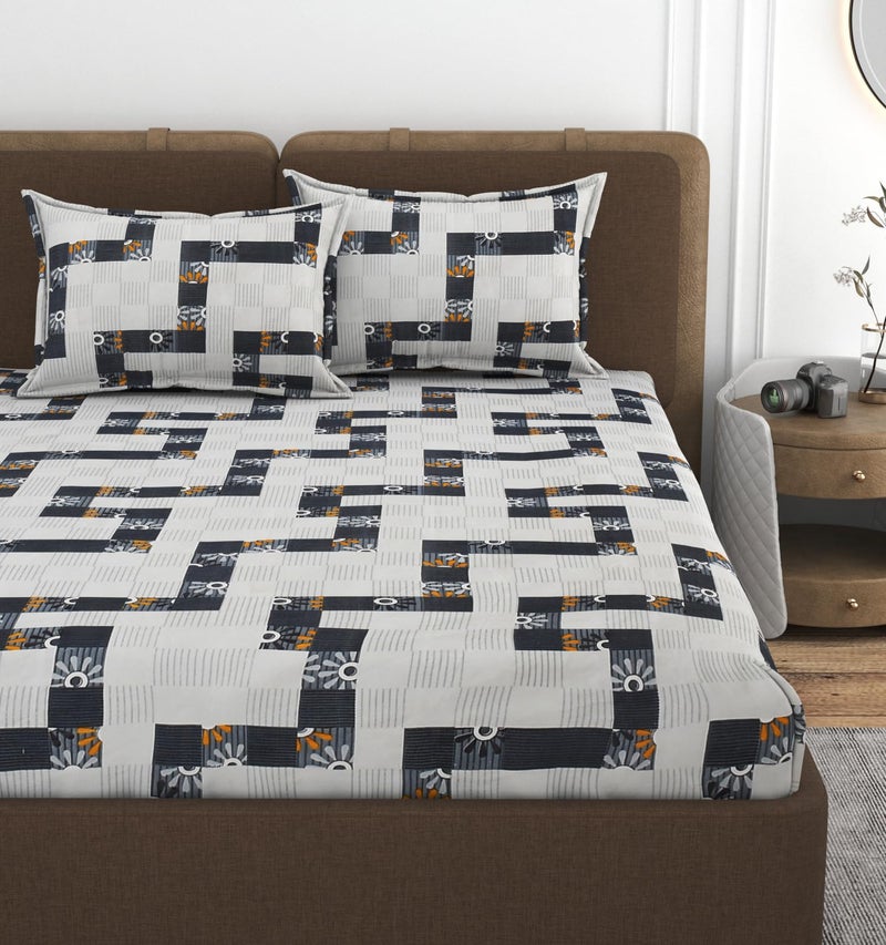 VOMZER 320 TC Cotton Feel All Around Elastic Fitted Bedsheets King Size, Premium Fitted Bedsheets King Size for Double Bed with 2 Pillow Covers, Size- 78” x 72” (White Lines) - Image 1