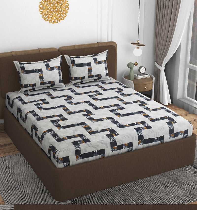 VOMZER 320 TC Cotton Feel All Around Elastic Fitted Bedsheets King Size, Premium Fitted Bedsheets King Size for Double Bed with 2 Pillow Covers, Size- 78” x 72” (White Lines) - Image 2