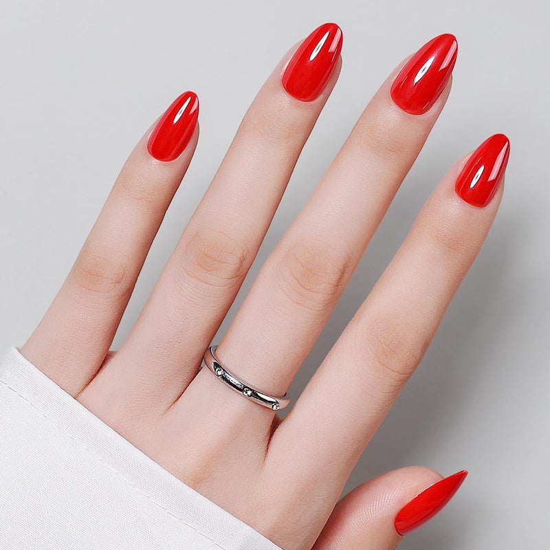 Luxbon Chrome Press On Nails with No-Cure Nail Glue and Tool Set - Short Almond Soft Gel Tips 25-30 Pieces Full Size Set, Reusable Fake Nails for Women, Red Globally popular universal design - Image 1