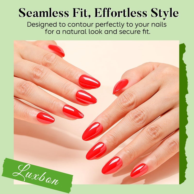Luxbon Chrome Press On Nails with No-Cure Nail Glue and Tool Set - Short Almond Soft Gel Tips 25-30 Pieces Full Size Set, Reusable Fake Nails for Women, Red Globally popular universal design - Image 3