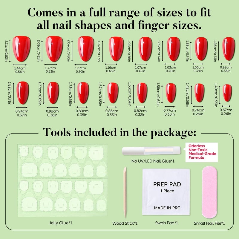 Luxbon Chrome Press On Nails with No-Cure Nail Glue and Tool Set - Short Almond Soft Gel Tips 25-30 Pieces Full Size Set, Reusable Fake Nails for Women, Red Globally popular universal design - Image 2
