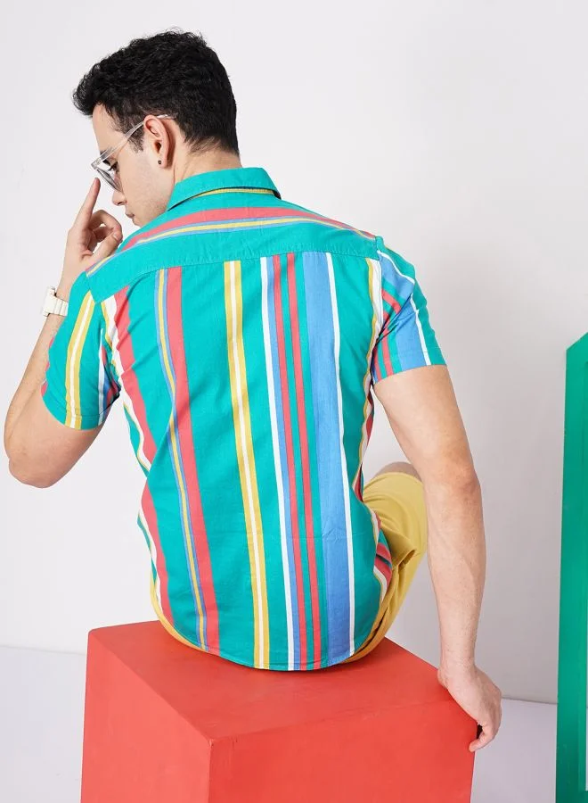 The Indian Garage Co Men Slim Fit Striped Half Sleeves Spread Collar Casual Shirt